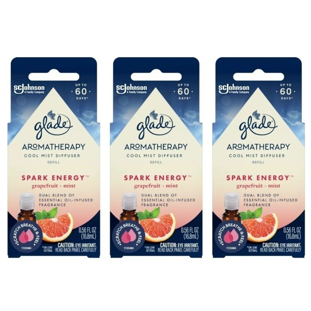 Lot 3 Glade Essential Oil Diffuser Refill Spark Energy Grapefruit & Peppermint
